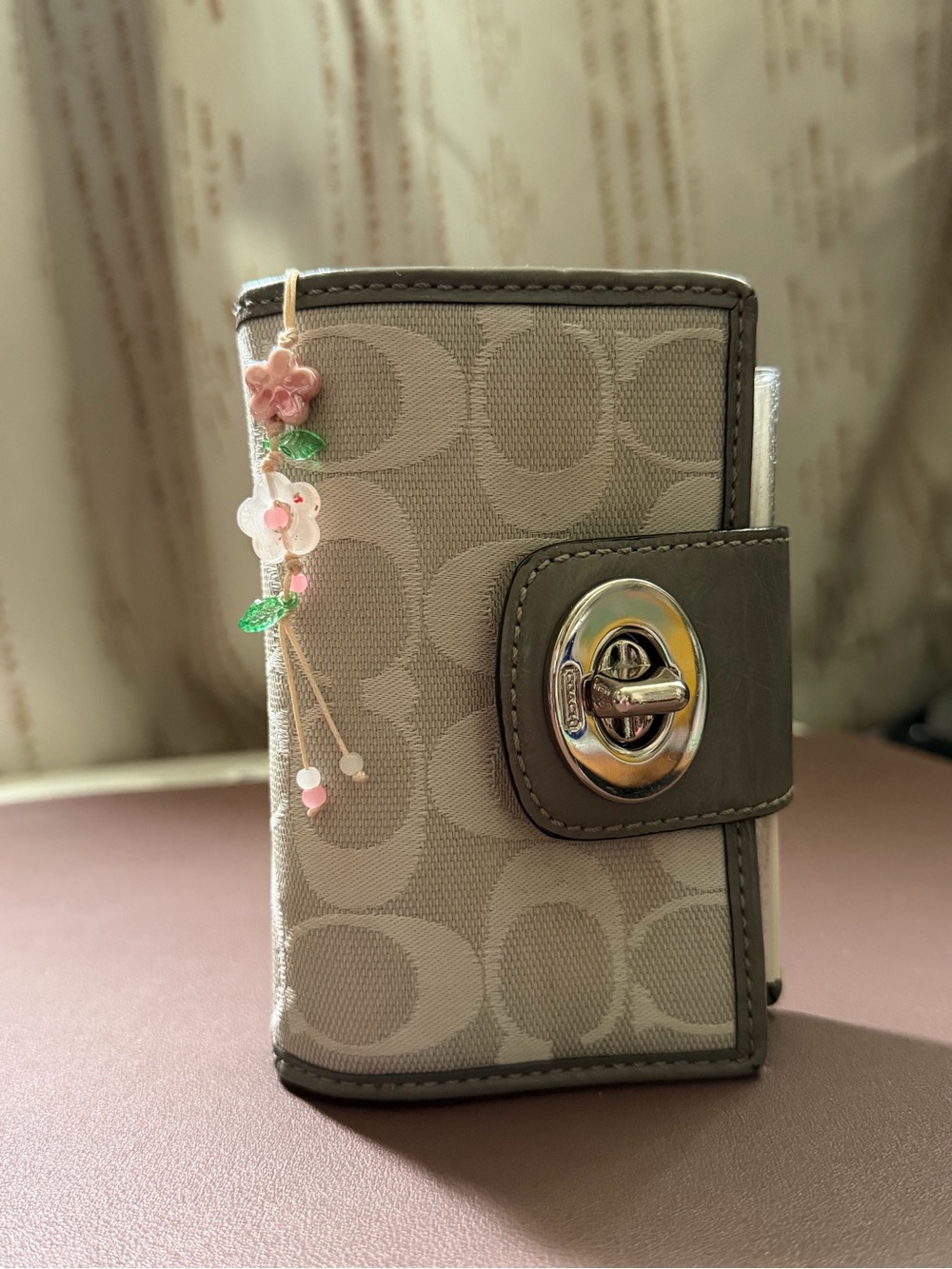 Coach Gray Signature Canvas Card Holder with Pink Floral Charm